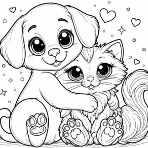 Black and white coloring book sample with puppy and kitten cuddling together