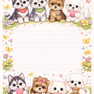 Printable Valentine love notes decorated with puppies and kittens holding hearts