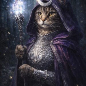 Custom fantasy pet portrait featuring cat as a medieval sorcerer in purple cloak