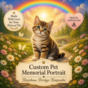 Custom pet memorial portrait featuring a cat on a path to a rainbow bridge